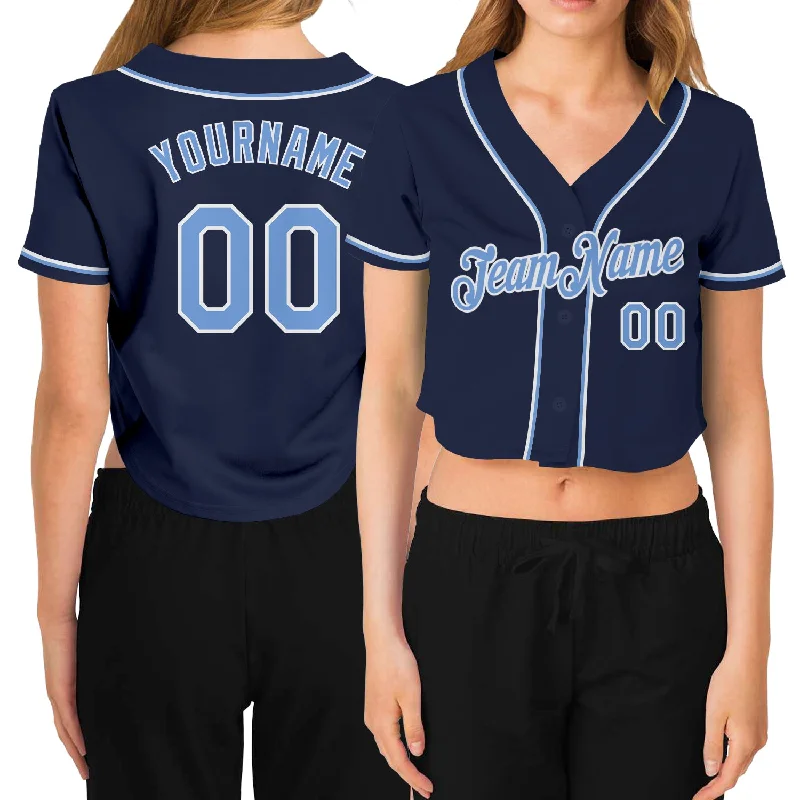 Baseball Jerseys with Non-Iron Fabric for Low Maintenance-Custom Women's Navy Light Blue-White V-Neck Cropped Baseball Jersey