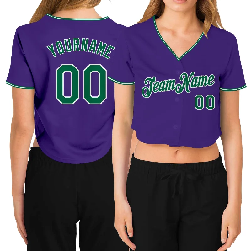 Baseball Jerseys with Elastic Waistband for Secure Fit-Custom Women's Purple Kelly Green-White V-Neck Cropped Baseball Jersey