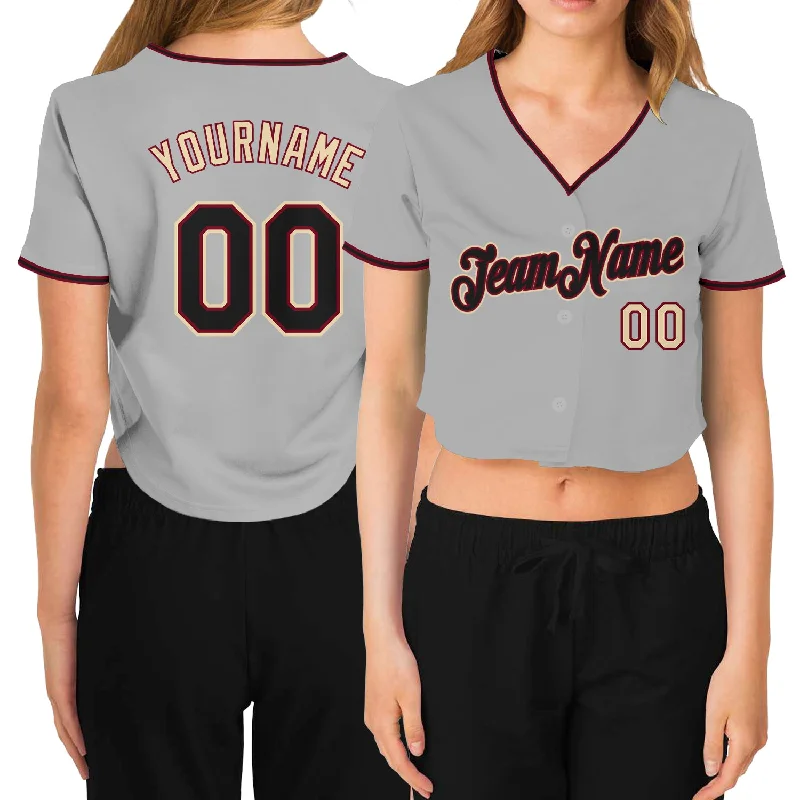 Baseball Jerseys with Anti-Wrinkle Fabric for Easy Maintenance-Custom Women's Gray Black Crimson-Cream V-Neck Cropped Baseball Jersey