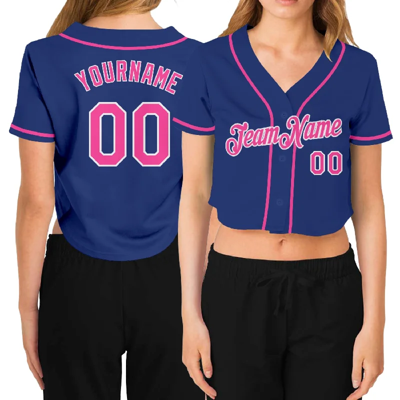 Baseball Jerseys with Soft, Comfortable Neckline for Relaxed Fit-Custom Women's Royal Pink-White V-Neck Cropped Baseball Jersey