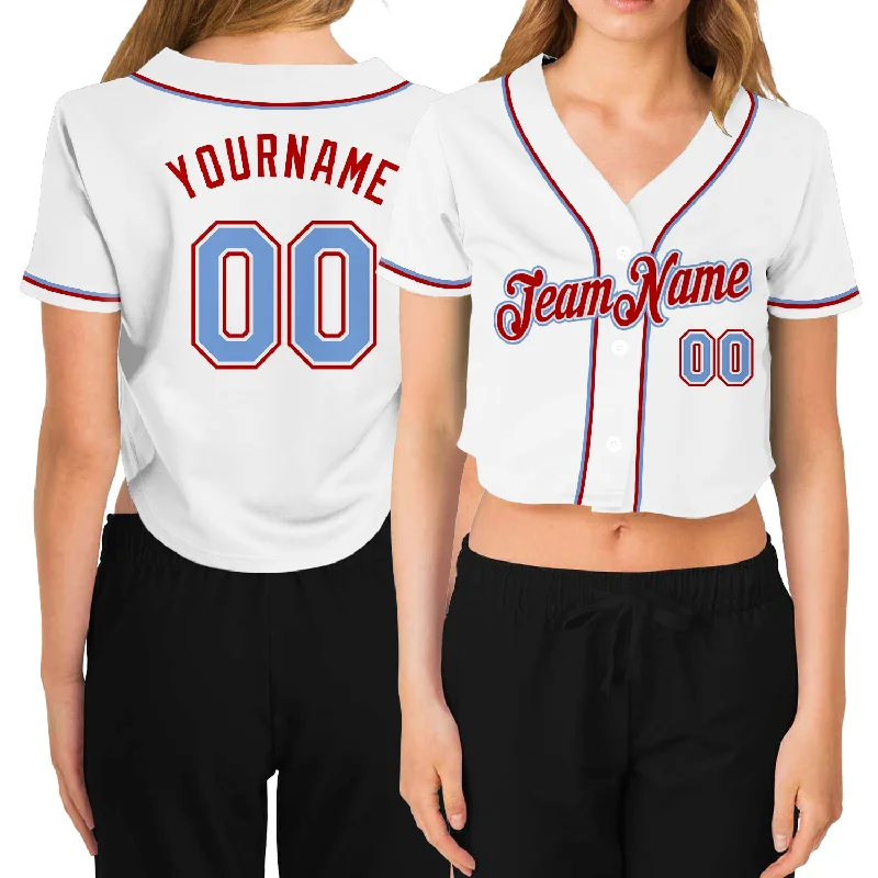 Baseball Jerseys with Modern Cut for Comfortable Fit-Custom Women's White Light Blue-Red V-Neck Cropped Baseball Jersey