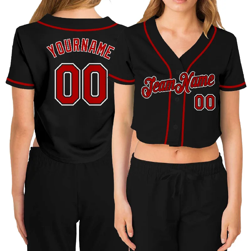 Baseball Jerseys with Large Team Logos for Strong Identity-Custom Women's Black Red-White V-Neck Cropped Baseball Jersey