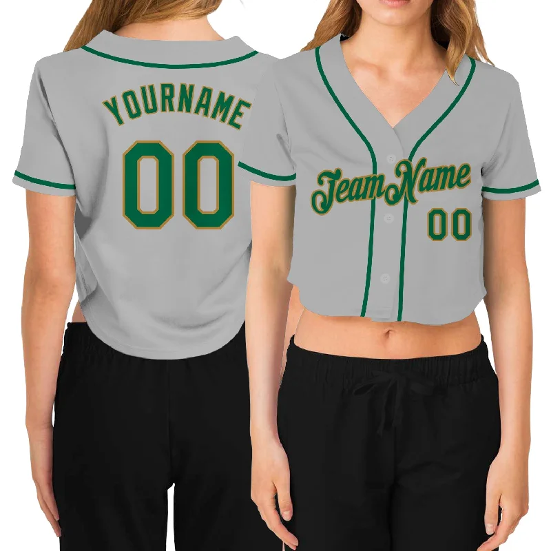 Baseball Jerseys with Soft, Comfortable Neckline for Relaxed Fit-Custom Women's Gray Kelly Green-Old Gold V-Neck Cropped Baseball Jersey