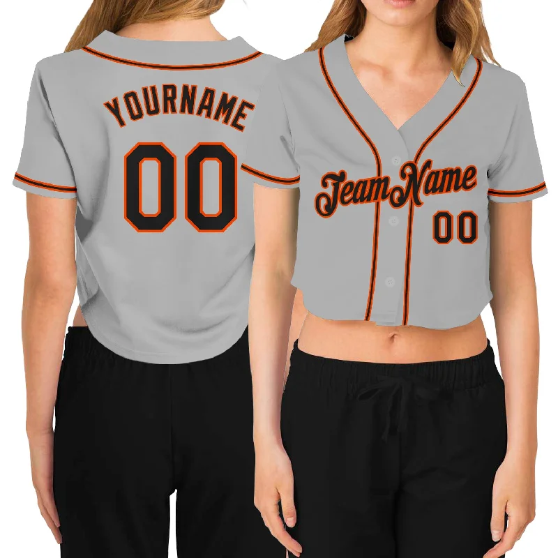 Baseball Jerseys with Slim Fit for Modern Look-Custom Women's Gray Black-Orange V-Neck Cropped Baseball Jersey