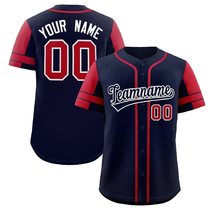 Baseball Jerseys with Soft Interior Lining for Comfort Against Skin-Custom Navy Red Personalized Raglan Sleeves Authentic Baseball Jersey