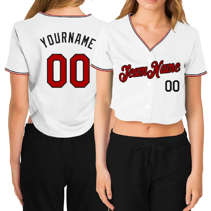 Lightweight Baseball Jerseys for Comfort and Speed-Custom Women's White Red-Black V-Neck Cropped Baseball Jersey