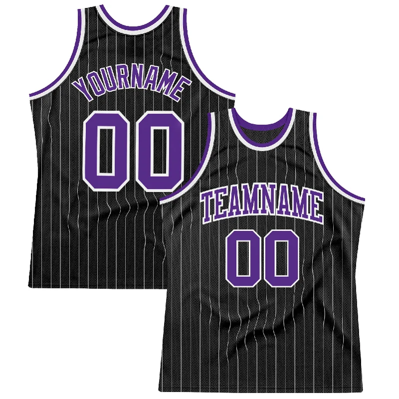 Basketball Jerseys with Padded Shoulders for Extra Protection-Custom Black White Pinstripe Purple-White Authentic Basketball Jersey