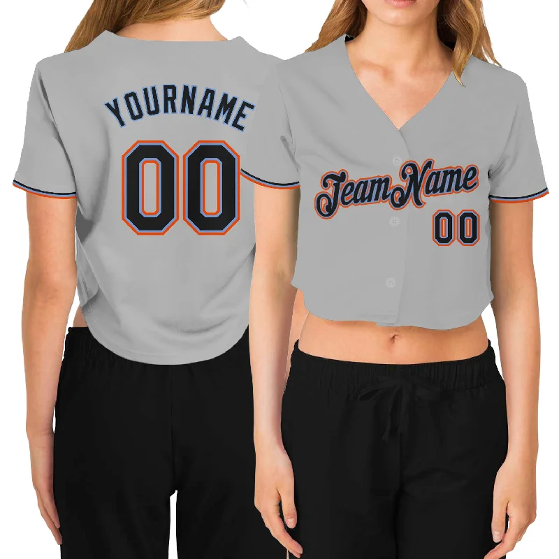 Baseball Jerseys with Elastic Cuffs for Snug Fit-Custom Women's Gray Black Powder Blue-Orange V-Neck Cropped Baseball Jersey