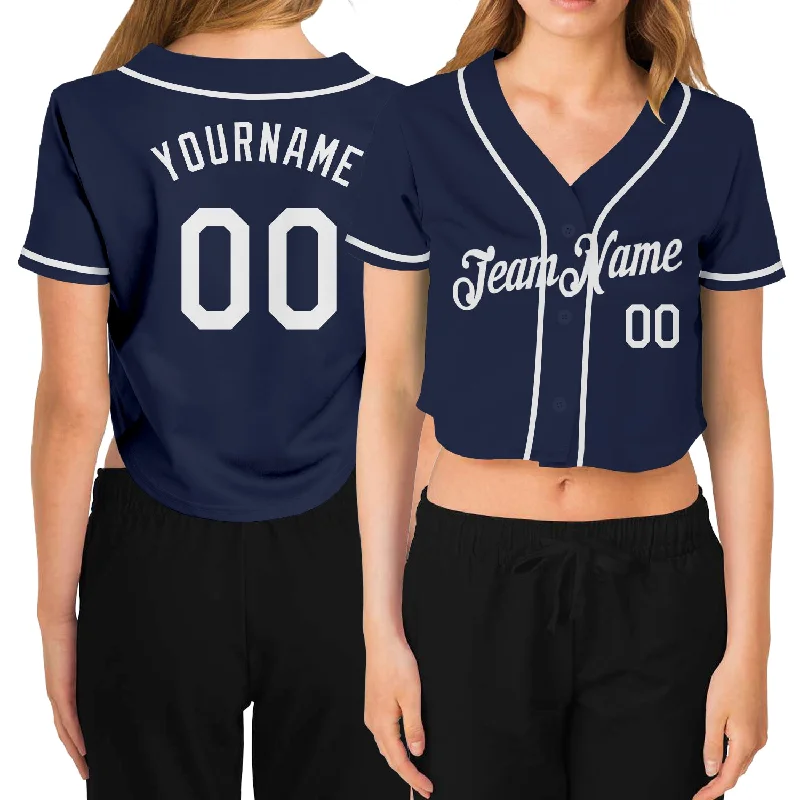 Baseball Jerseys with Sleeveless Design for Warm Weather-Custom Women's Navy White V-Neck Cropped Baseball Jersey