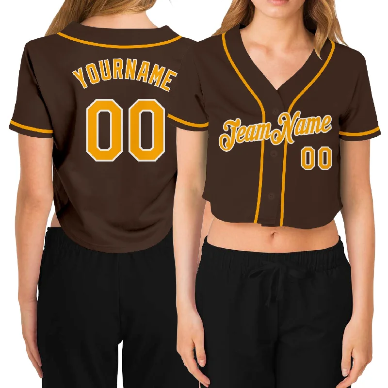 Baseball Jerseys with Lightweight Polyester Fabric for Breathability-Custom Women's Brown Gold-White V-Neck Cropped Baseball Jersey