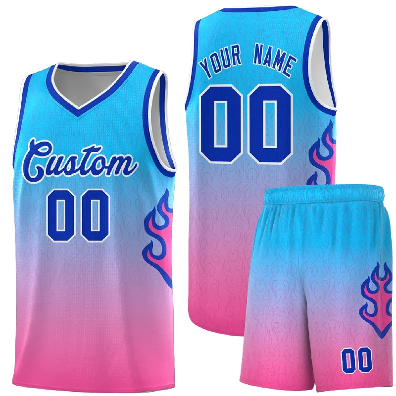 Basketball Jerseys with Colorful Patterns for Bold Look-Custom Powder Blue Pink-Royal Flame Gradient Fashion Sports Uniform Basketball Jersey