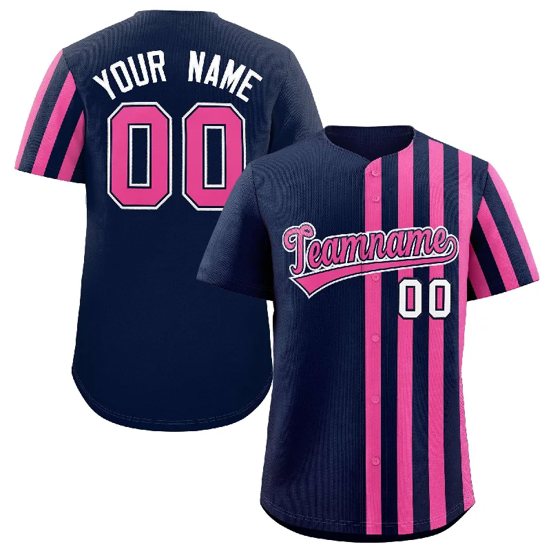 Professional Baseball Jerseys for Competitive Players-Custom Navy Pink Thick Stripe Fashion Design Authentic Baseball Jersey