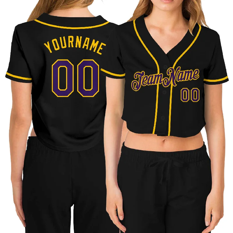 Baseball Jerseys with Slim Fit for Modern Look-Custom Women's Black Purple-Gold V-Neck Cropped Baseball Jersey