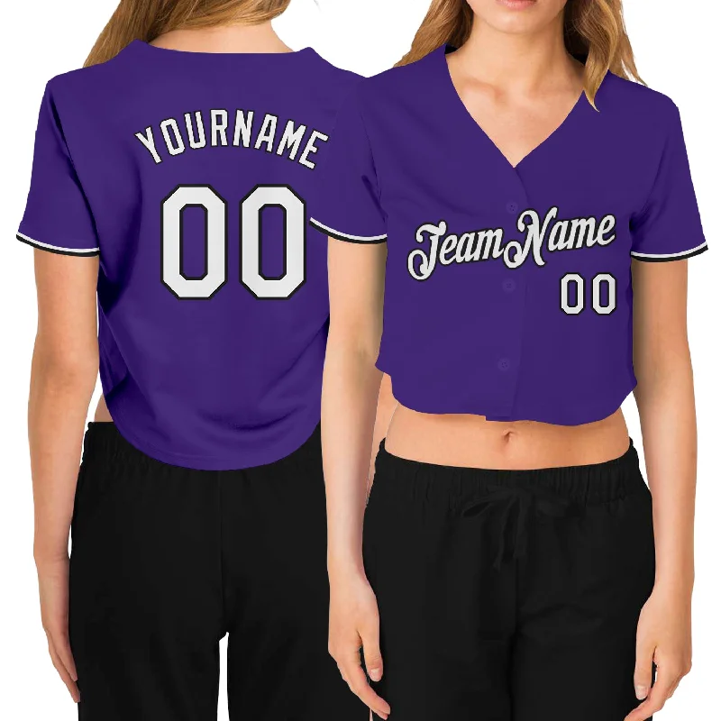 Baseball Jerseys with Heat-Pressed Numbers and Logos for Durability-Custom Women's Purple White-Black V-Neck Cropped Baseball Jersey