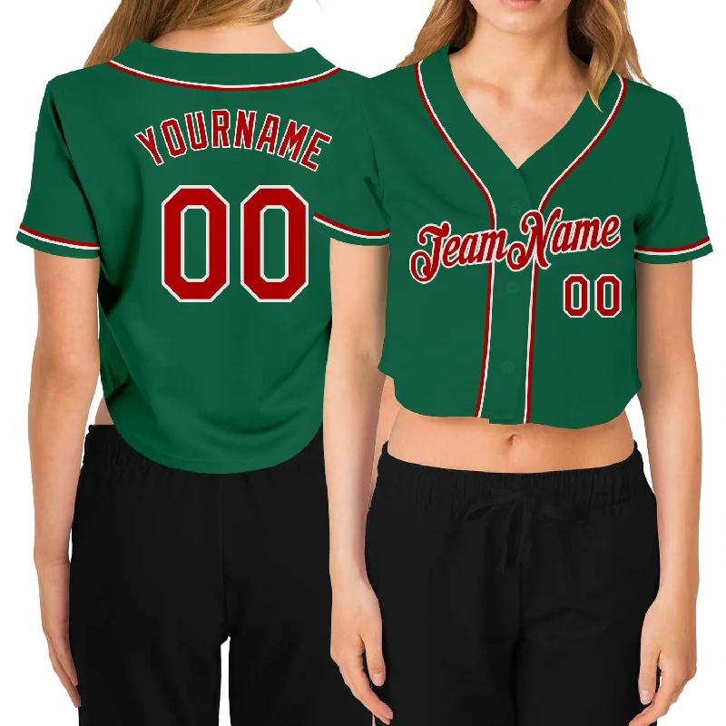 Baseball Jerseys with Reinforced Elbows for Extra Durability-Custom Women's Kelly Green Red-White V-Neck Cropped Baseball Jersey