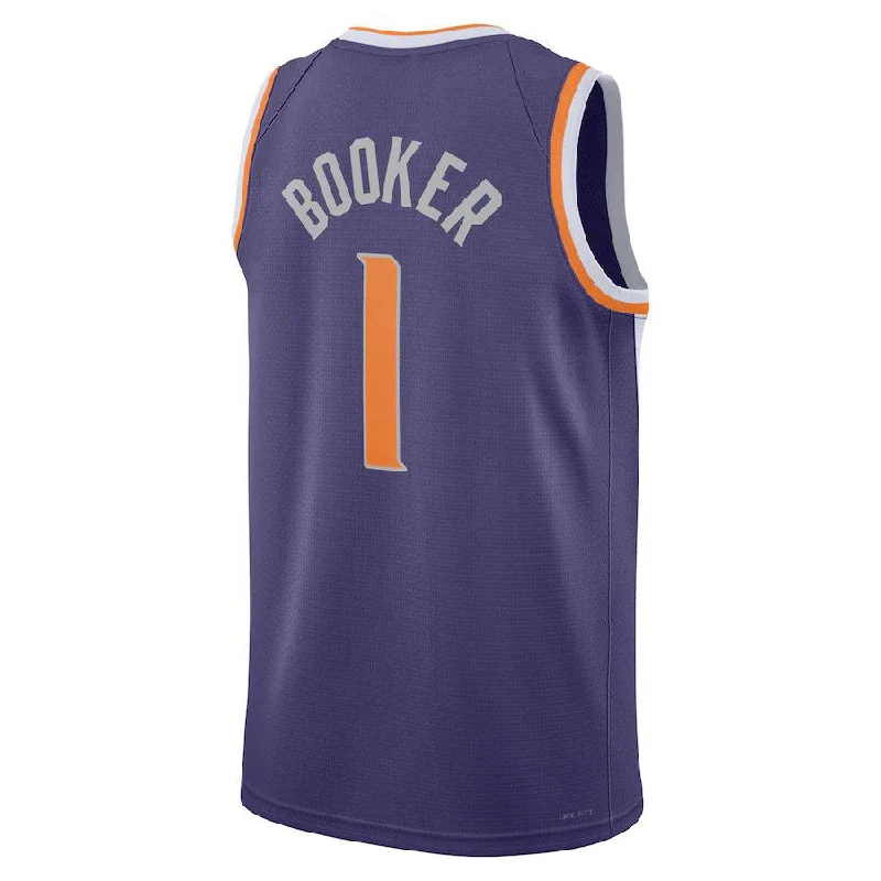 Basketball Jerseys with Breathable Mesh Panels for Ventilation-P.Suns #1 Devin Booker Unisex 2022-23 Swingman Jersey Icon Edition Purple Stitched American Basketball Jersey