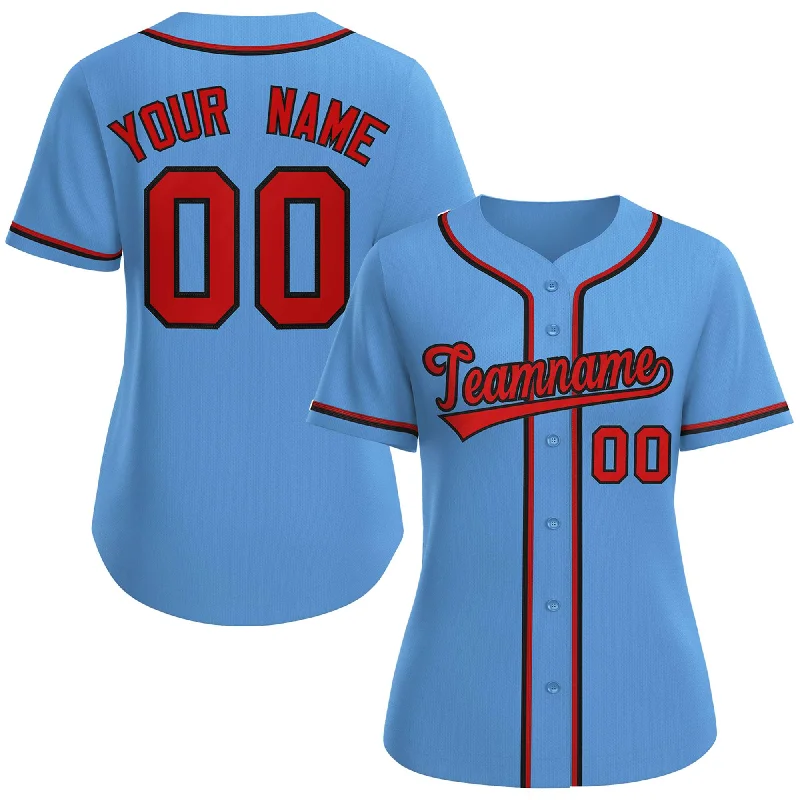 Baseball Jerseys with Elastic Cuffs for Snug Fit-Custom Light Blue Red-Black Classic Style Baseball Jersey For Women