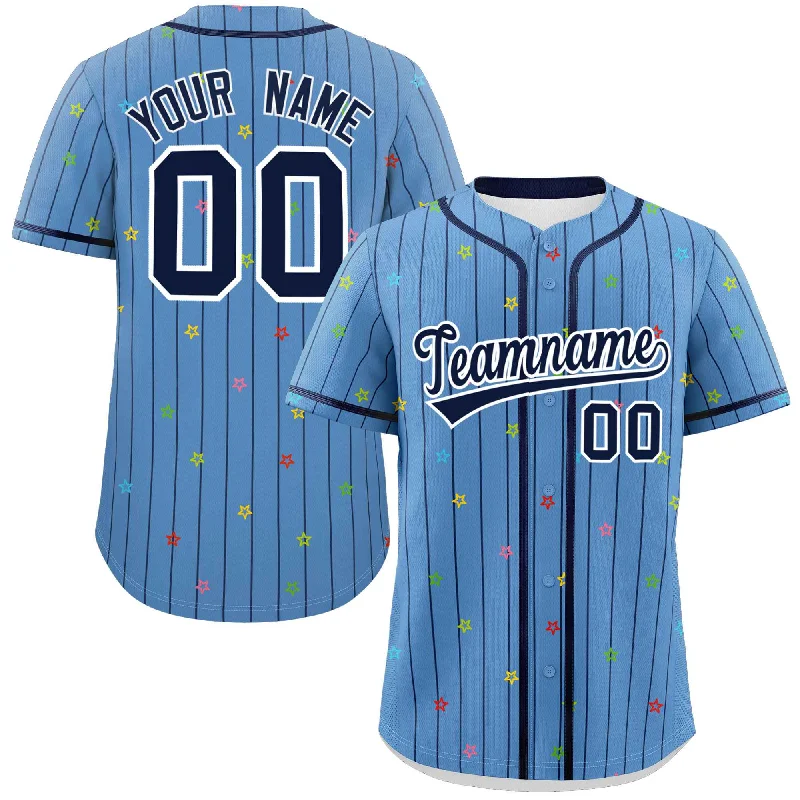 Baseball Jerseys with Reinforced Stitching for Durability-Custom Light Blue Navy Stripe Fashion Personalized Star Pattern Authentic Baseball Jersey