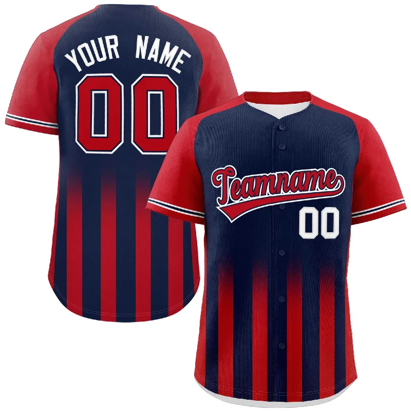 Baseball Jerseys with Bold Color Contrast for Standout Look-Custom Navy Red Raglan Sleeves Gradient Thick Stripe Authentic Baseball Jersey