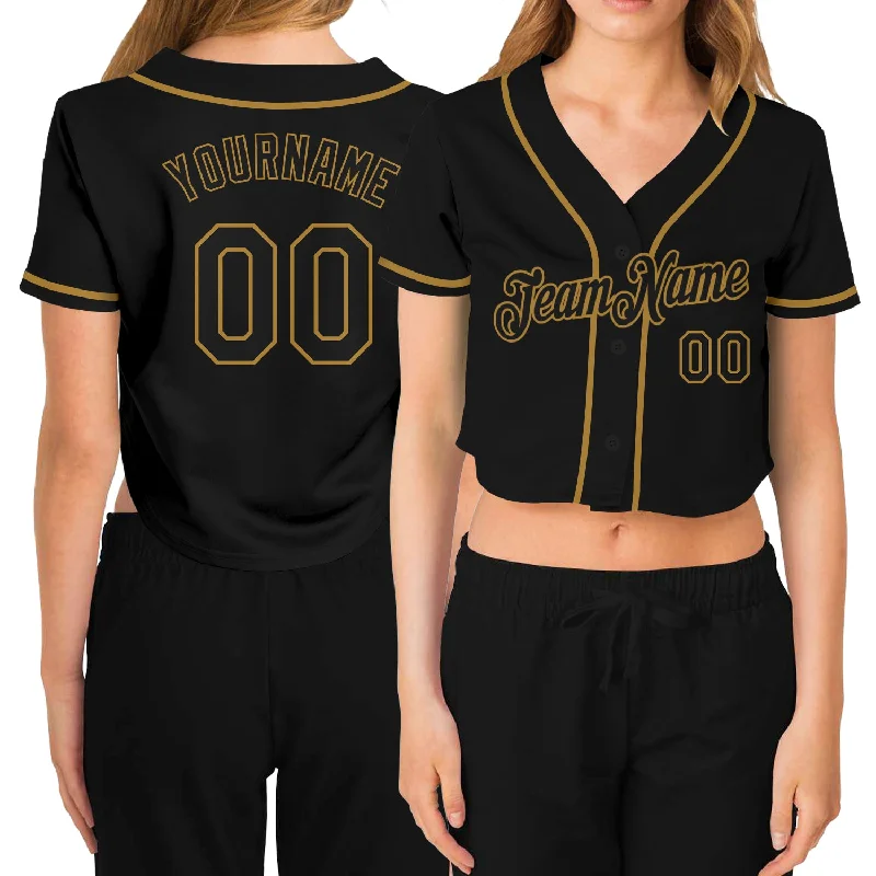 Baseball Jerseys with Stretchable Material for Maximum Comfort-Custom Women's Black Black-Old Gold V-Neck Cropped Baseball Jersey