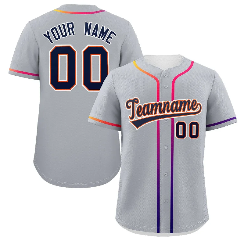 Baseball Jerseys with Raglan Sleeves for Mobility-Custom Light Gray Navy Personalized Gradient Ribbed Design Authentic Baseball Jersey