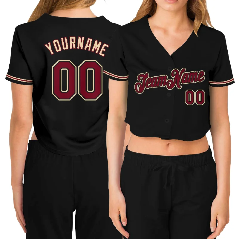 Baseball Jerseys with Extra Padding for Protection-Custom Women's Black Crimson-City Cream V-Neck Cropped Baseball Jersey