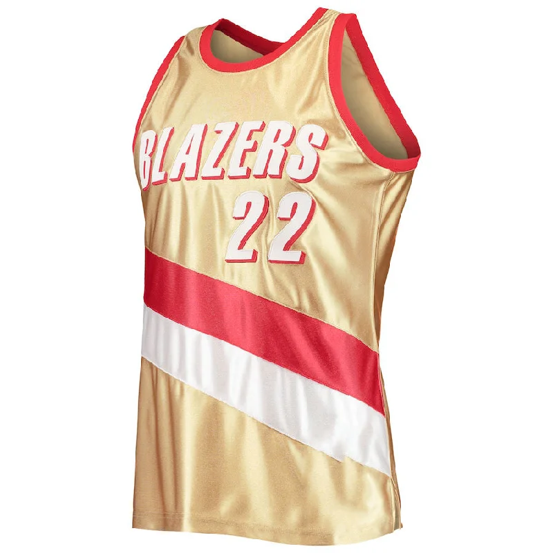 Basketball Jerseys with Customized Player Numbers for Personalization-P.Trail Blazers #22 Clyde Drexler Mitchell & Ness 75th Anniversary 1991-92 Hardwood Classics Swingman Jersey Gold Stitched American Basketball Jersey