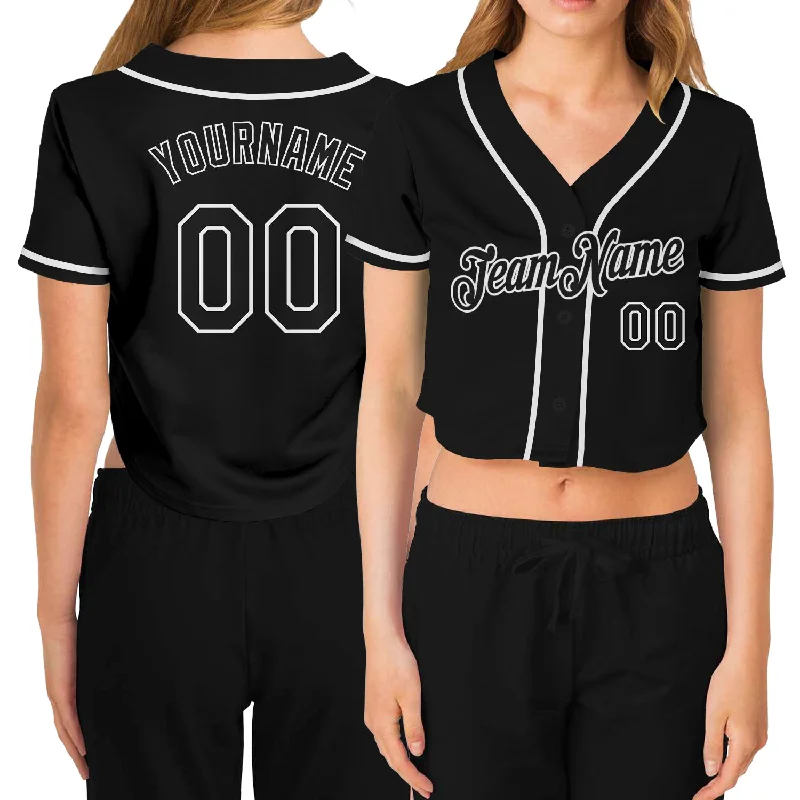 Baseball Jerseys with Tri-Blend Fabric for Soft Feel and Durability-Custom Women's Black Black-White V-Neck Cropped Baseball Jersey