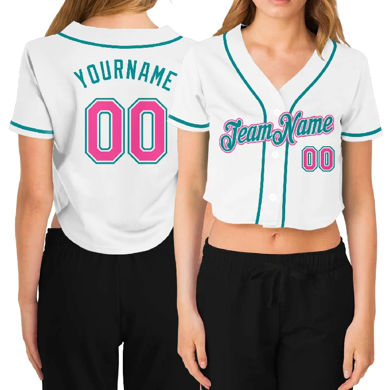 Youth Baseball Jerseys with Elastic Sleeves for Secure Fit-Custom Women's White Pink-Aqua V-Neck Cropped Baseball Jersey