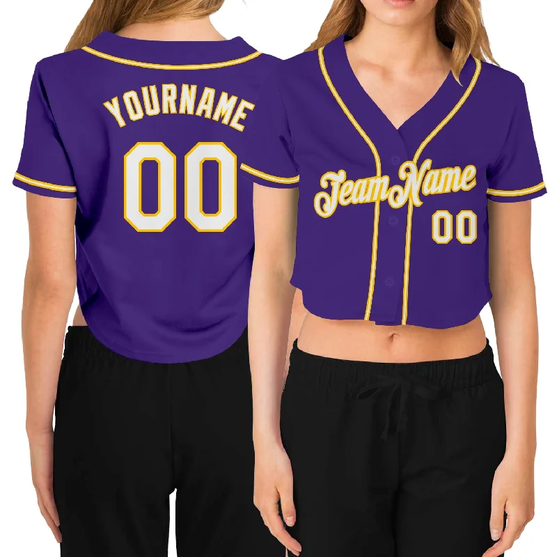 Baseball Jerseys with Anti-Odor Technology for Comfort-Custom Women's Purple White-Gold V-Neck Cropped Baseball Jersey