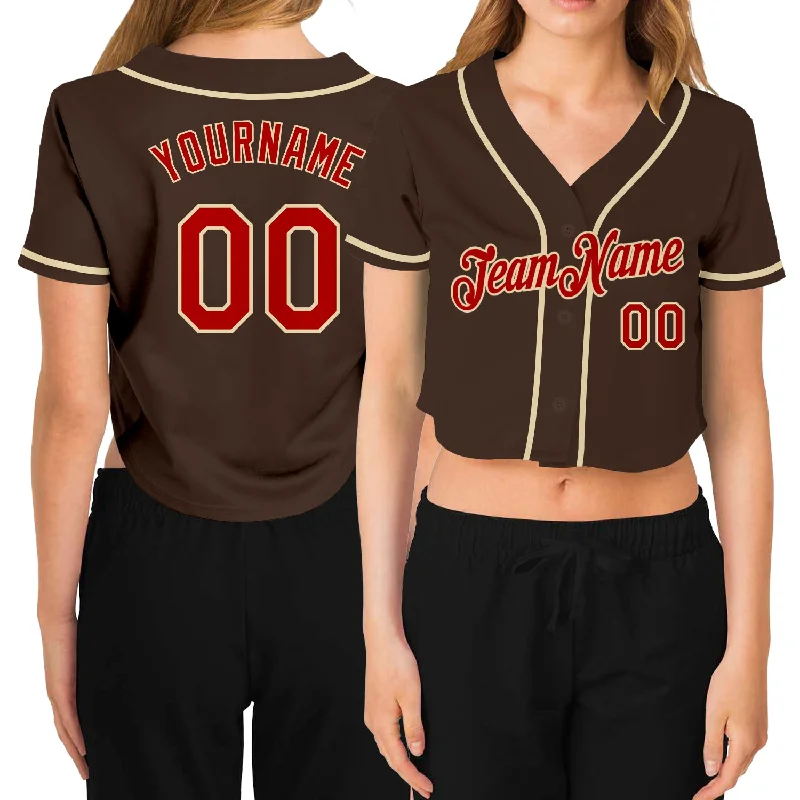 Baseball Jerseys with V-Neck Design for Classic Fit-Custom Women's Brown Red-Cream V-Neck Cropped Baseball Jersey