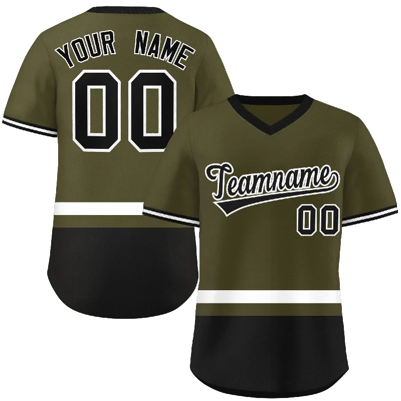 Baseball Jerseys with Contrast Collar for Stylish Touch-Custom Olive White-Black Color Block Personalized V-Neck Authentic Pullover Baseball Jersey