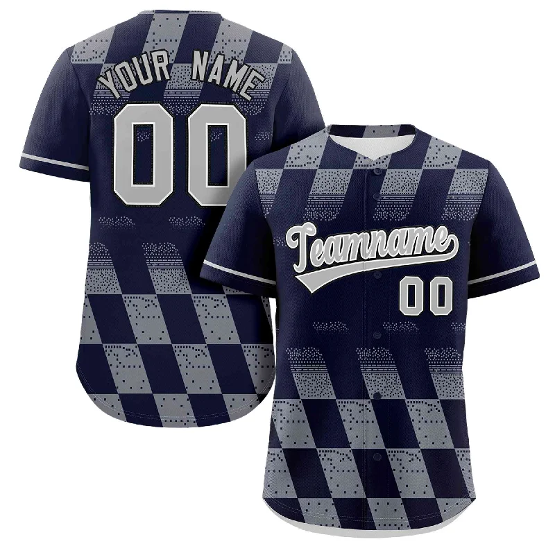 Baseball Jerseys with Soft and Stretchable Fabric for All-Day Comfort-Custom Navy Gray Grid Speckles Color Block Design Authentic Baseball Jersey