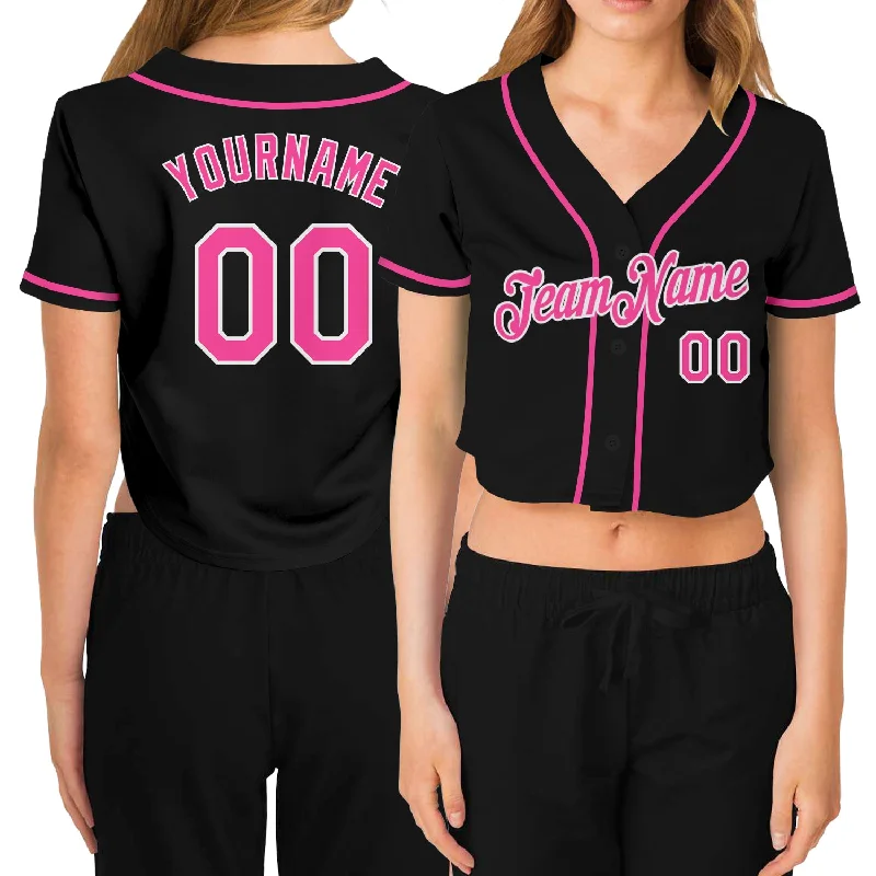 Baseball Jerseys with Reinforced Elbows for Extra Durability-Custom Women's Black Pink-White V-Neck Cropped Baseball Jersey