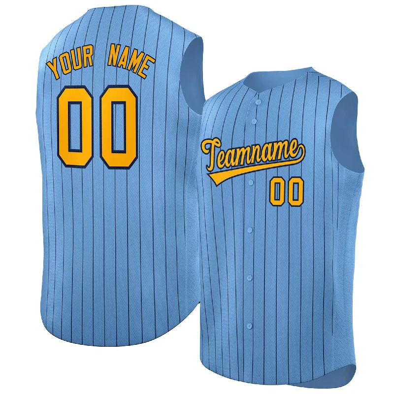 Baseball Jerseys with Heat-Transfer Numbers for Modern Appeal-Custom Light Blue Yellow-Navy Sleeveless Stripe Fashion Baseball Jersey