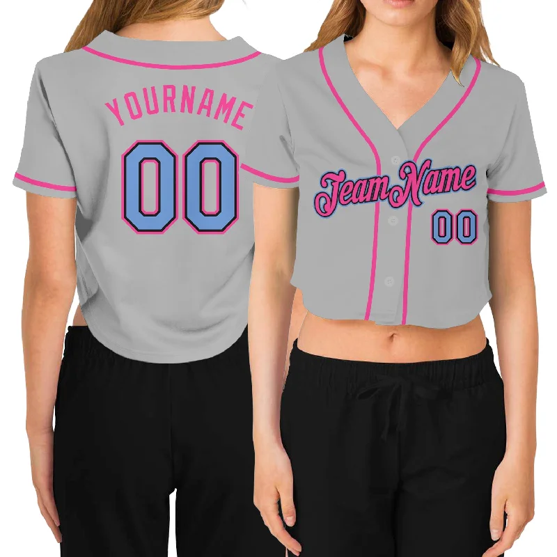 Baseball Jerseys with Multiple Pockets for Storage-Custom Women's Gray Light Blue Black-Pink V-Neck Cropped Baseball Jersey