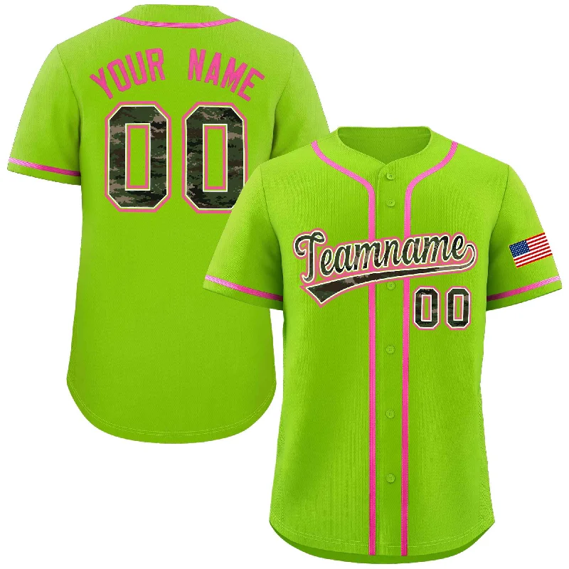 Baseball Jerseys with Anti-Chafe Seams for Comfort-Custom Neon Green Personalized Camo Font Authentic Baseball Jersey