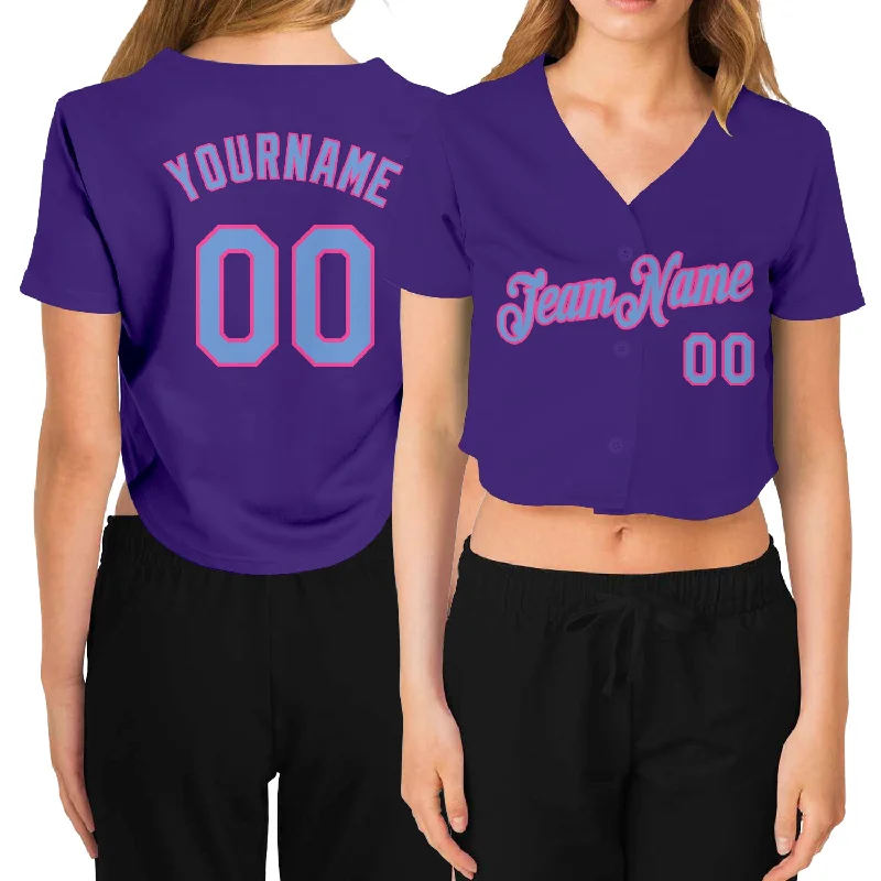 Baseball Jerseys with Tapered Cut for Modern Appeal-Custom Women's Purple Light Blue-Pink V-Neck Cropped Baseball Jersey