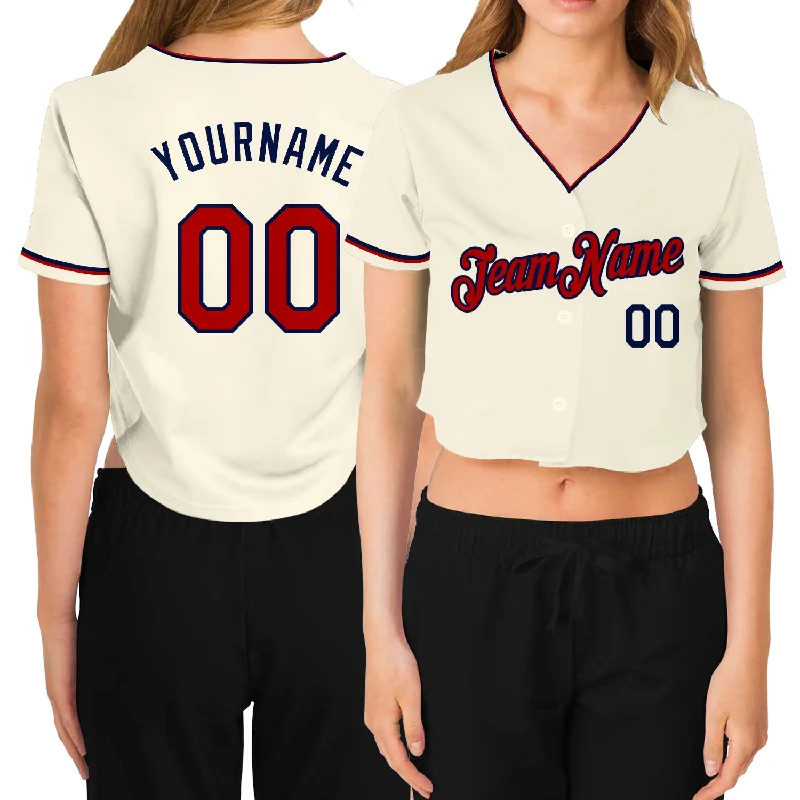 Baseball Jerseys with Ribbed Sleeves for Style and Fit-Custom Women's Cream Red-Navy V-Neck Cropped Baseball Jersey