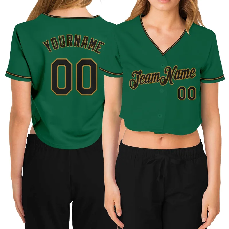 Baseball Jerseys with Soft Collar for Comfort-Custom Women's Kelly Green Black-Old Gold V-Neck Cropped Baseball Jersey