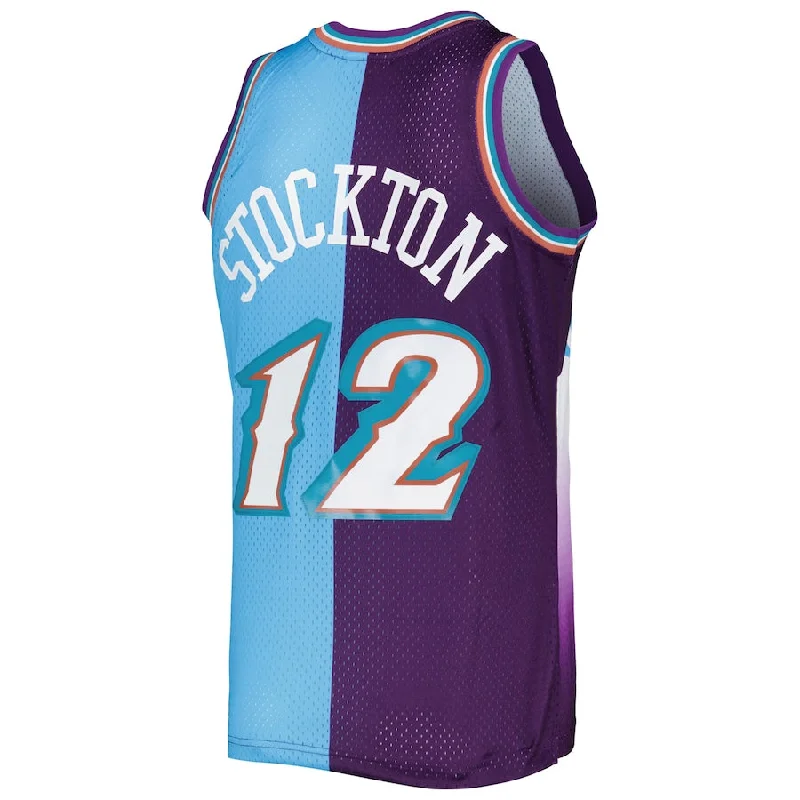 Basketball Jerseys with Color Blocking for Team Identity-U.Jazz #12 John Stockton Mitchell & Ness Hardwood Classics 1996-97 Split Swingman Jersey Purple-Turquoise Stitched American Basketball Jersey