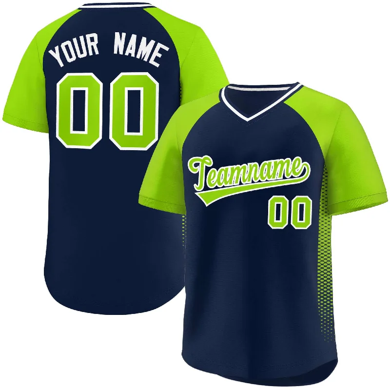 Baseball Jerseys with Ribbed Collar for Secure Fit-Custom Navy Neon Green Raglan Sleeves Side Spot Authentic Pullover Baseball Jersey