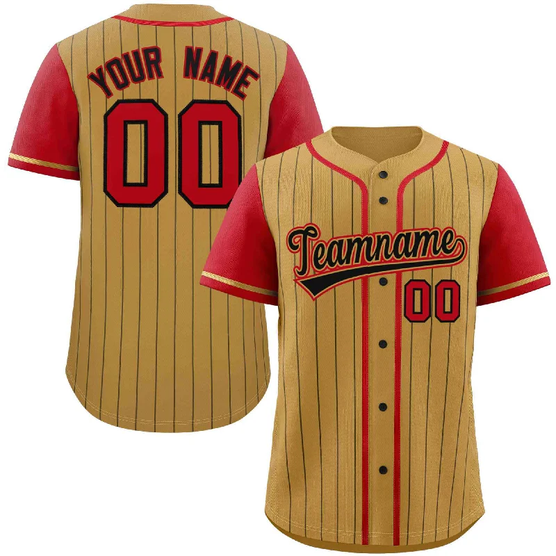 Baseball Jerseys with Soft Lining for Comfort During Play-Custom Old Gold Red-Black Stripe Fashion Raglan Sleeves Authentic Baseball Jersey