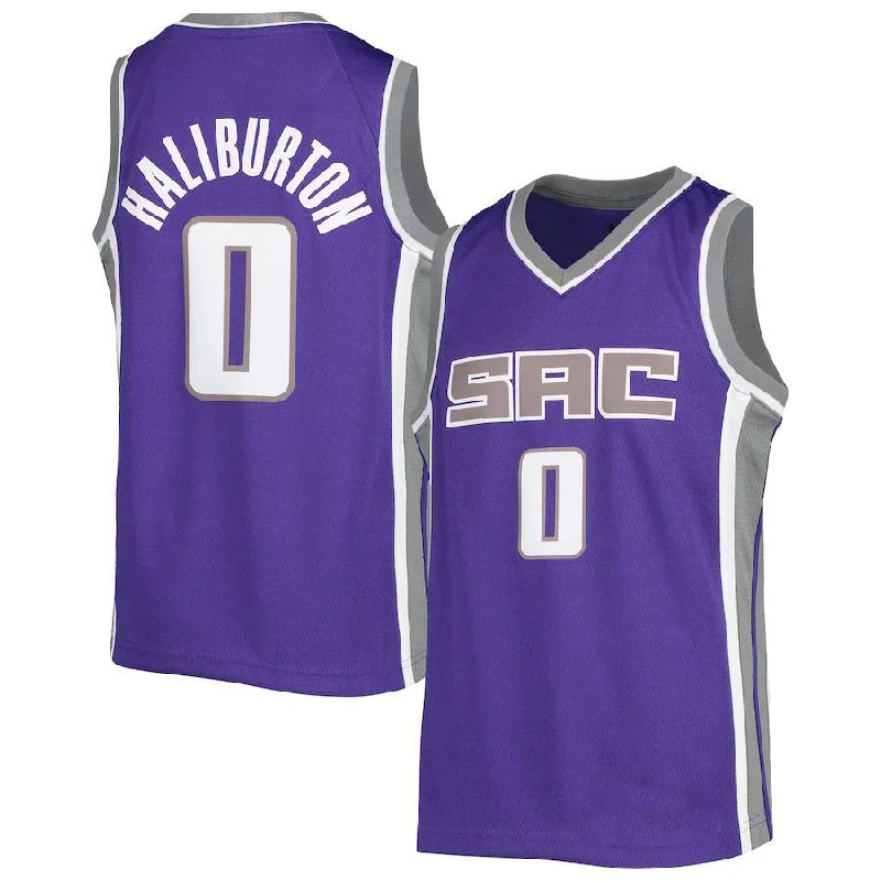 Basketball Jerseys with Full-Length Sleeves for Full Coverage-S.Kings #0 Tyrese Haliburton Diamond Swingman Jersey Icon Edition Purple Stitched American Basketball Jersey