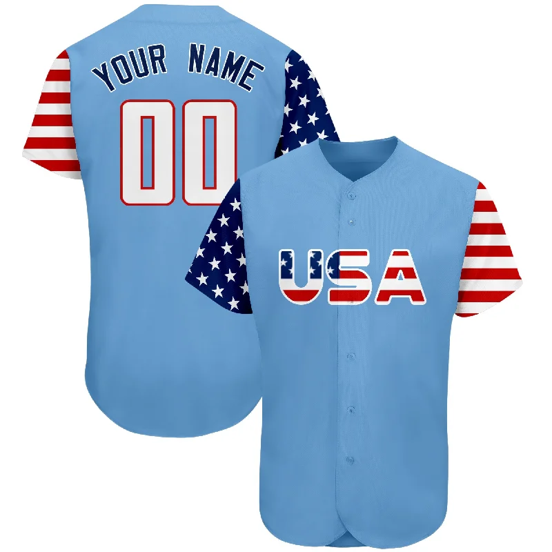 Baseball Jerseys with Breathable Mesh Panels for Ventilation-Custom Light Blue White-Red American Flag Authentic Baseball Jersey