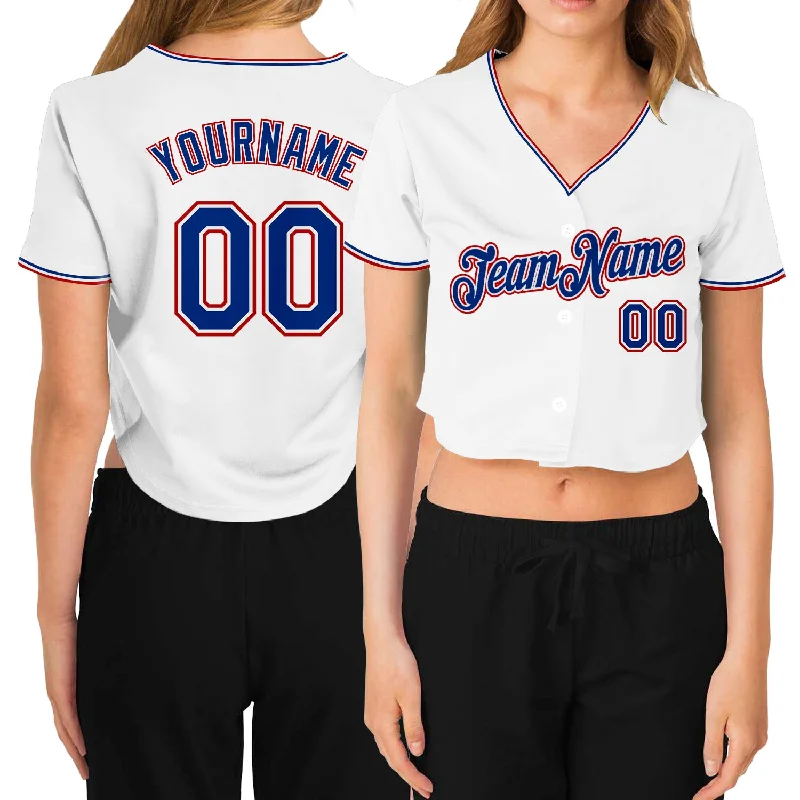 Baseball Jerseys with Custom Team Logos-Custom Women's White Royal-Red V-Neck Cropped Baseball Jersey