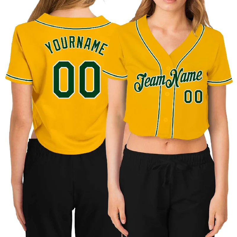 Baseball Jerseys with Reflective Details for Visibility-Custom Women's Gold Green-White V-Neck Cropped Baseball Jersey