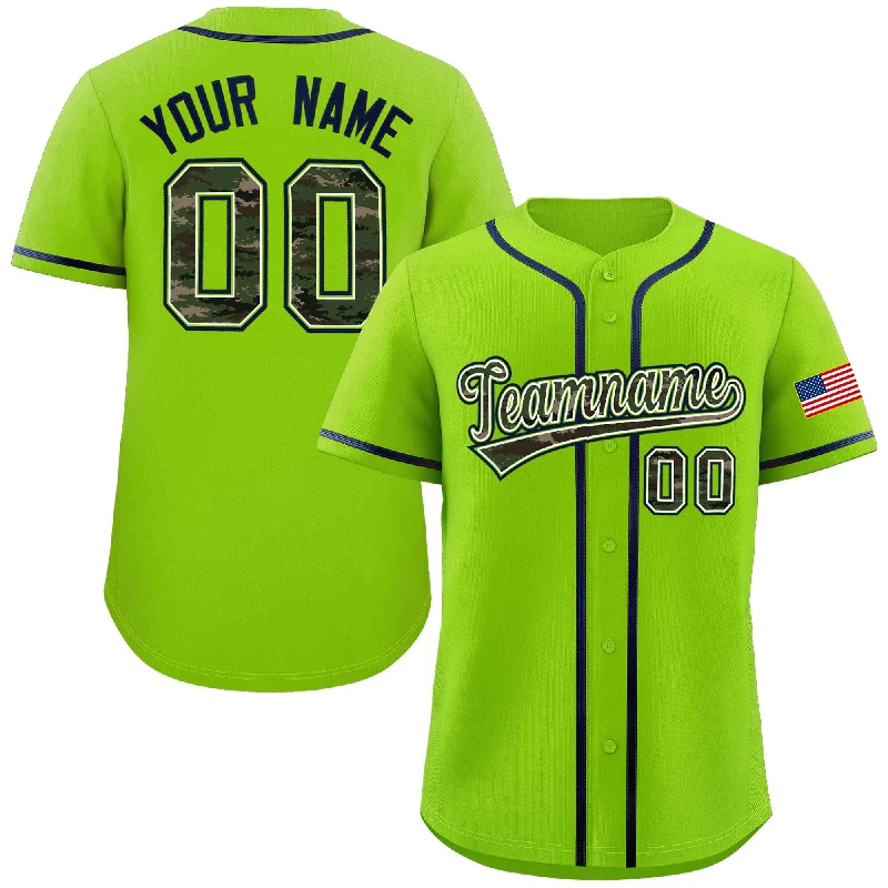 Baseball Jerseys with Multiple Pockets for Storage-Custom Neon Green Personalized Camo Font Authentic Baseball Jersey