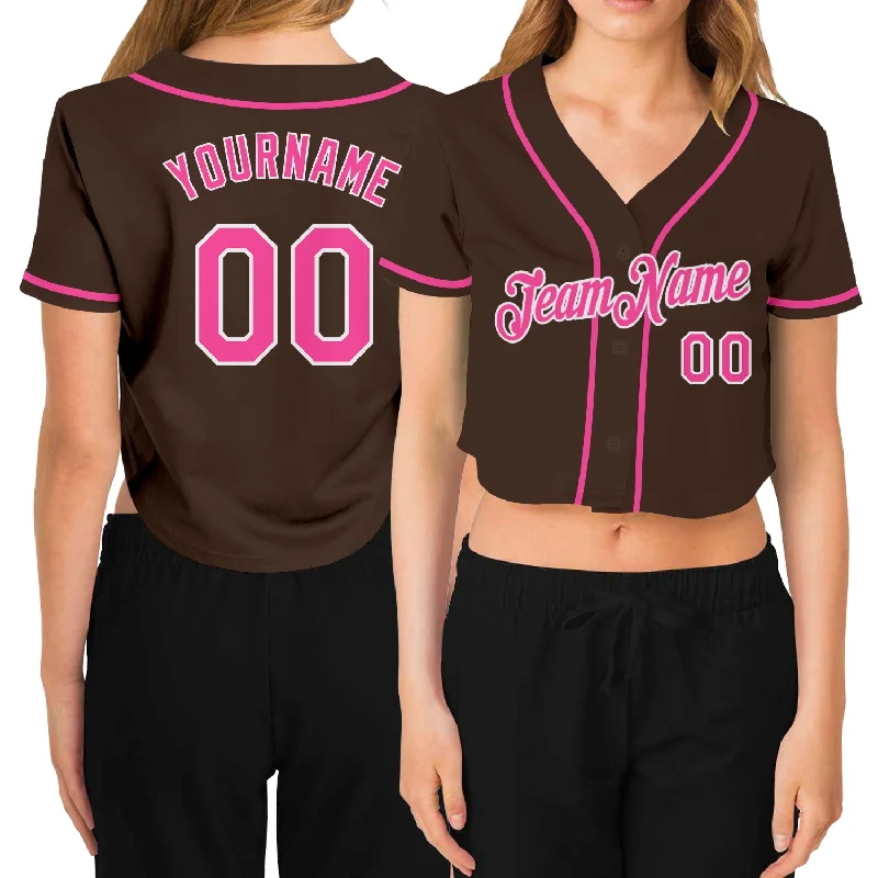 Baseball Jerseys with Customizable Sleeve Length for Different Looks-Custom Women's Brown Pink-White V-Neck Cropped Baseball Jersey