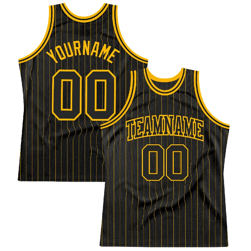 Basketball Jerseys with Extra Breathability for Hot Weather Play-Custom Black Gold Pinstripe Black-Gold Authentic Basketball Jersey